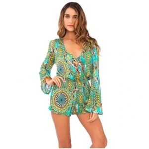 Luli Fama Romper Cover Up Moon Princess Wrap Front Green Size: Small